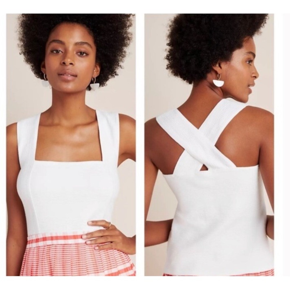 Maeve Anthropologie White Stephie Cross Back Tank Top Small Square Neck Textured